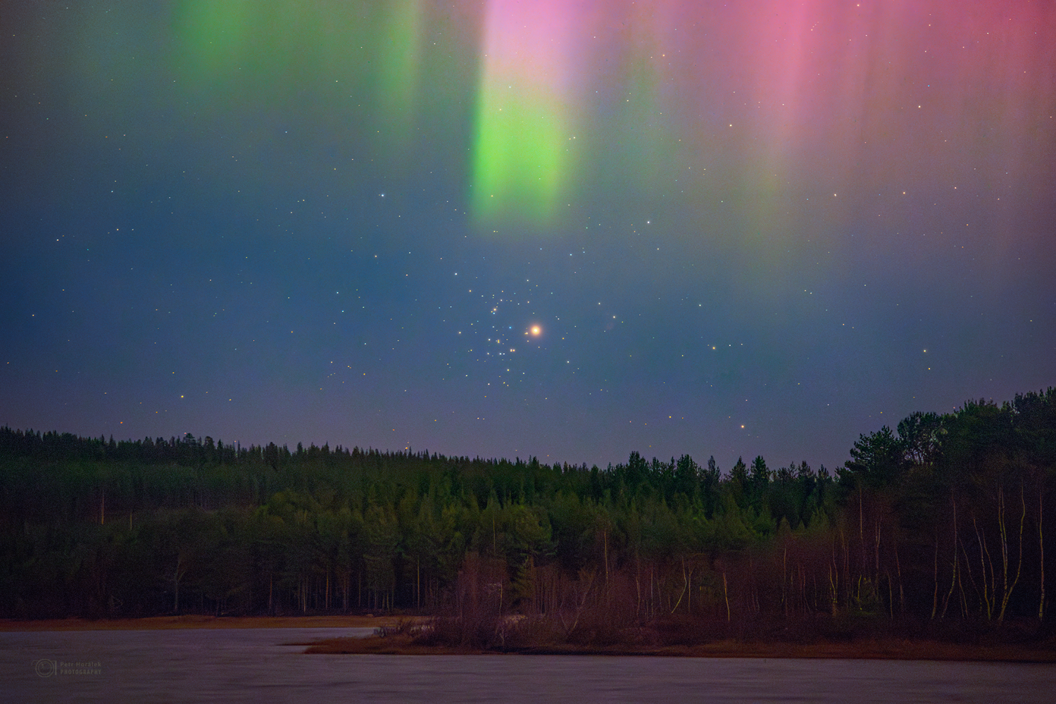 Celestial Conjunction: Mars and M44 Silhouette Against Solar Aurora