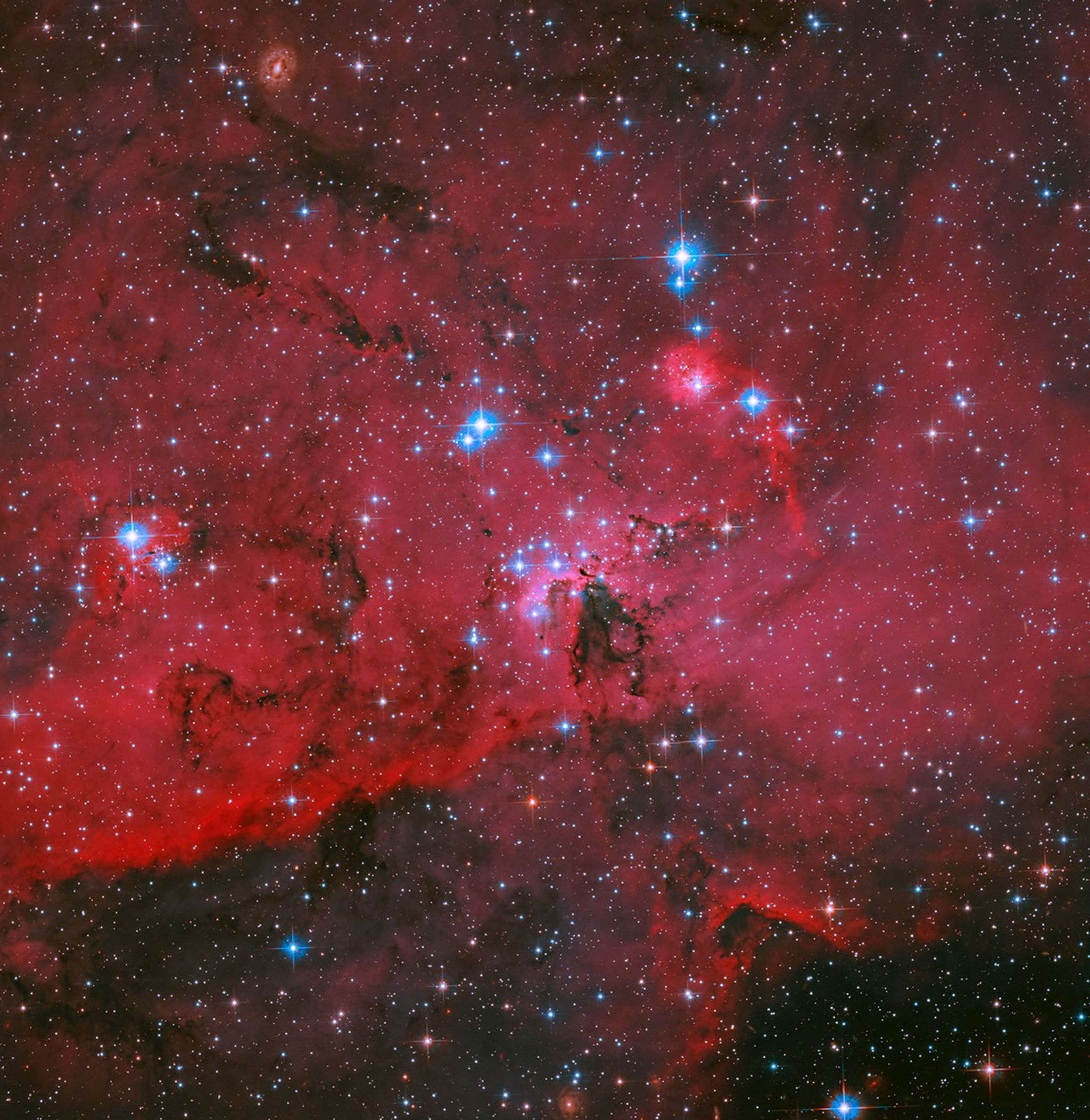 NASA’s Hubble Captures Crimson Cloud Sparkling with White, Blue Stars